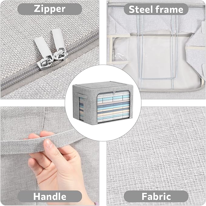 FHSQX 2 Pack Clear Window Storage Bins - Large Stackable Linen Fabric Storage for Clothes Foldable Container Organizer Set with Carrying Handles (Light Gray, 23.6x 16.5x 15.7 Inch)