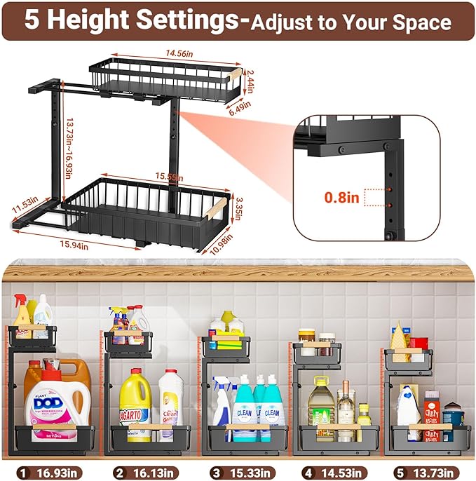 Under Sink Organizer, L-Shape 2 Tier Pull Out Cabinet Organizer with Adjustable Height, Metal Sliding Storage Rack for Kitchen Bathroom Pantry, Black, 2 Pack