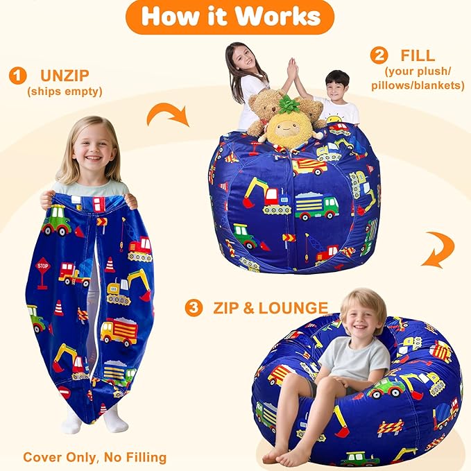 Lukeight Excavator Stuffed Animals Storage Bean Bag Chair Cover Only (Ships Empty, No Filling) - Velvet YKK Zipper Beanbag Cover for Toddlers Kids, Washable Plush Toy Organizer, Large 27" D x 16" H