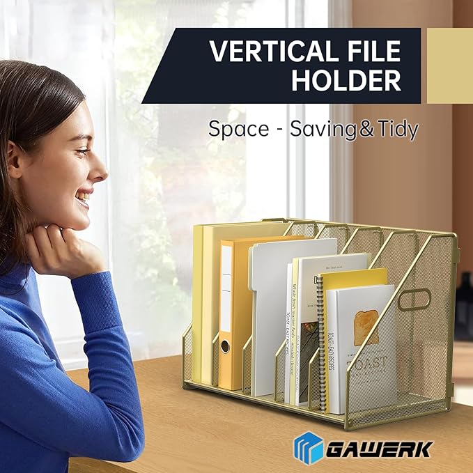 MINDEPOT Desk File Organizer Metal Desk Magazine Folder Holder with 5 Vertical Compartments Rack File Organizer for Office, Home, School (Gold)