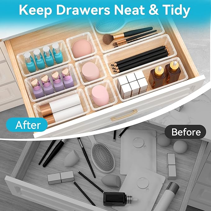 ElegantArray 36 PCS Drawer Organizer Set, 4 Sizes Tool Storage Trays, Clear Plastic Makeup Vanity Organizer and Storage Bins for Makeup, Stationeries, Multiple Gadgets for Bathroom, Office, Bedroom