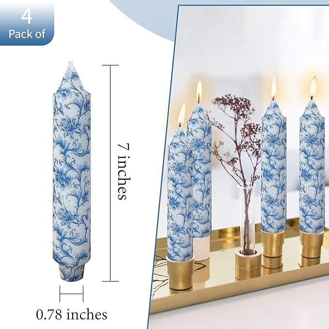 7 Inch Blue and White Tapered Candles Short Floral Candle Sticks Hand Poured Unscented Smokeless Clean Burning Candles for Dining Table Everyday Meals Family Dinner Elegance