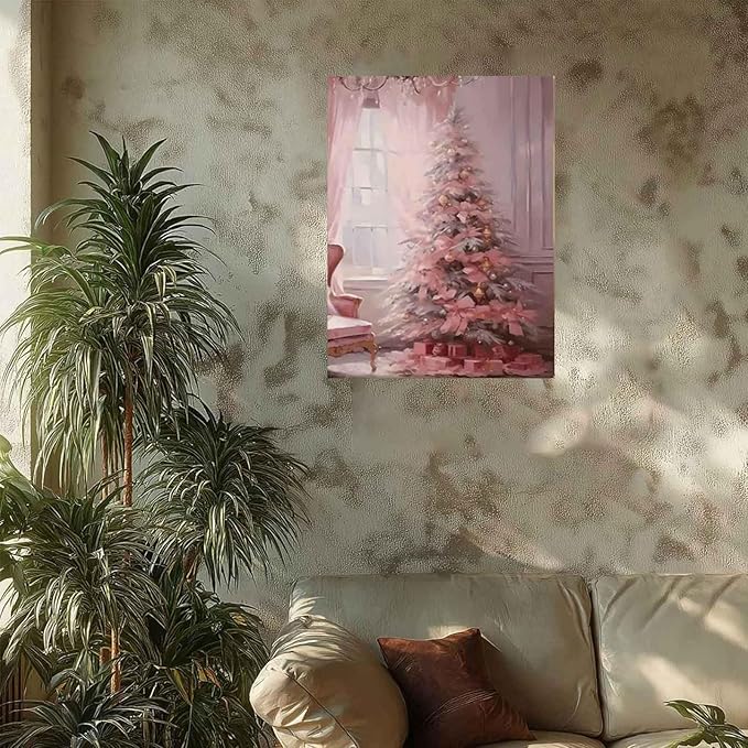 Pink Christmas Tree with Bows & Gifts Paint by Numbers for Adults, Festive Holiday DIY Painting Kit, Cute Home Decor 24 Colors 20x24 inch Framed
