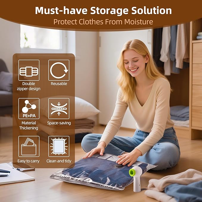 12 Pack Vacuum Bags for Travel with Rechargeable Air Pump & LED Light,Vacuum Travel Bags,Vacuum Storage Bags(4L+4M+4S),80% Space Saver Vacuum Seal Bags for Blankets,Comforters,Luggage