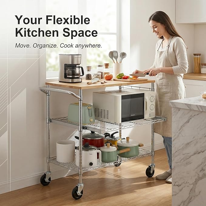 Finnhomy 3-Tier Rolling Kitchen Cart with 18" D x 36" W Oak Wood Tabletop, Kitchen Island Cart with 4" Wheels and Slider Shelf, Microwave Cart & Coffee Cart with Hooks for Dining Room, Chrome