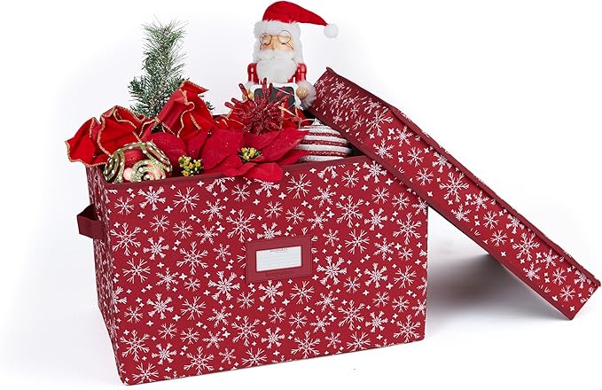 Covermates Keepsakes Treasurekeeper Storage Box – Heavy-Duty Polyester with Sturdy Interior Walls – Stackable Holiday Storage with Handles & ID Window, Red Snowflake
