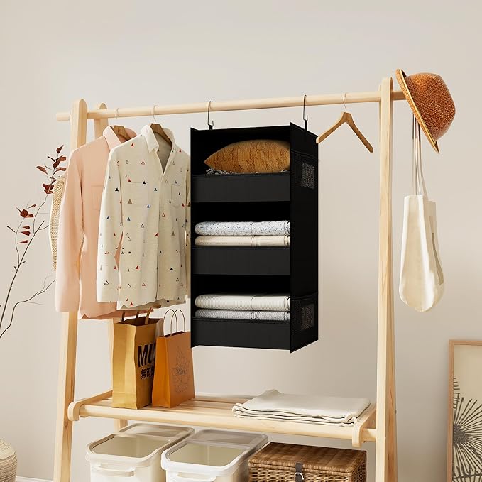 3-Shelf Hanging Closet Organizer and Storage, Foldable Hanging Closet Shelves Front Lip Design Washable Hanging Storage, Black