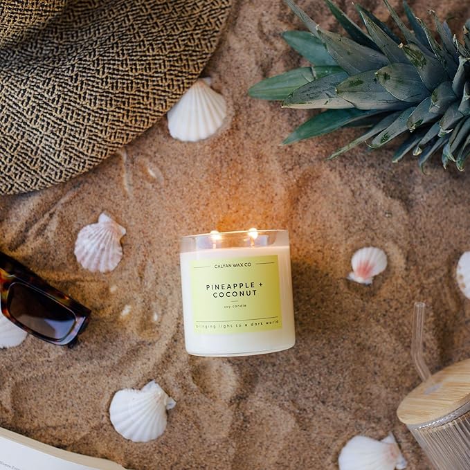 Calyan Wax Co. Pineapple & Coconut 2 Wick Scented Candle - 37 Hour Burn - Luxury Non Toxic Soy Wax Candles - Long Lasting Large Glass Jar Candle for Home - 8.8oz
