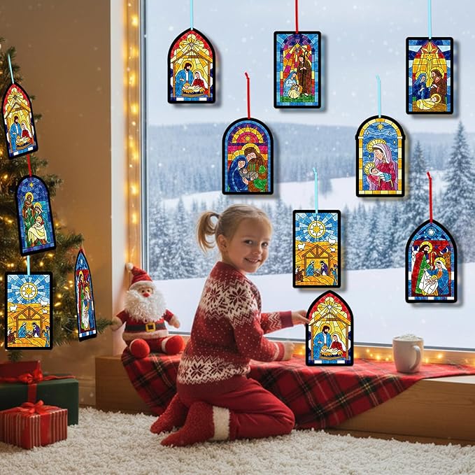 Tinlade 32 Set Winter Nativity Scene Suncatchers Craft Kit DIY Christian Suncatcher Crafts with Tissue Paper Religious Arts Projects Window Stained Glass Hanging Ornaments Winter School Activities