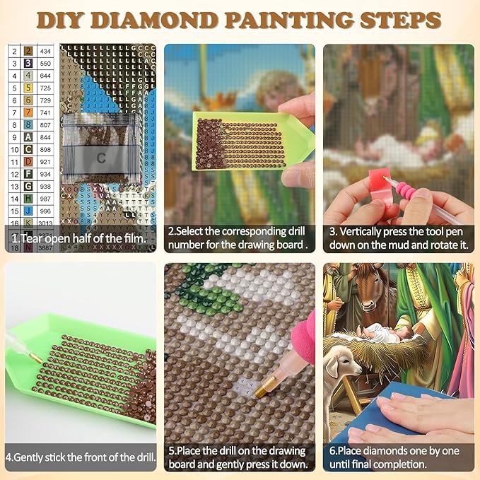 DOMROM Christmas Diamond Painting Kits, 5D Jesus Born Diamond Art Kits,Gem Art Painting with Diamonds Dots, Arts and Crafts for Beginners Adult Wall Decor 12 x 16inch
