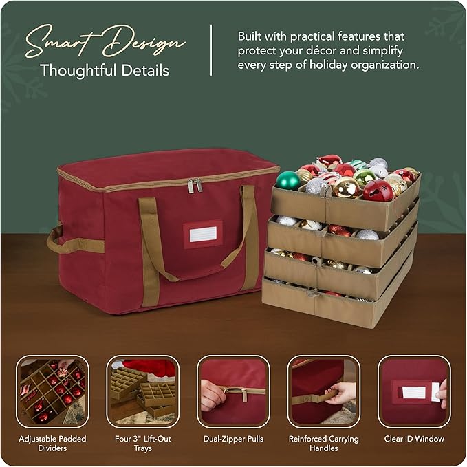 Covermates Keepsakes Adjustable Ornament Storage Bag – Heavy-Duty Polyester, Padded Dividers & FlexGrid Trays – Protective Holiday Ornament Organizer with Handles & Label Window, Red