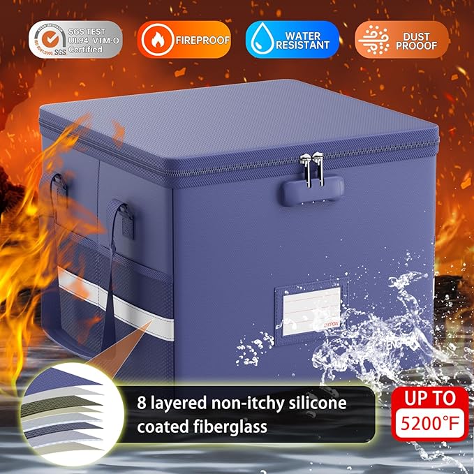 ENGPOW 5200°F File Box Fireproof Document Box with Lock,Heat Insulated Collapsible File Storage Organizer Box with Handle,Portable Home Office File Cabinet for Hanging Letter/Legal Size Folder, Blue