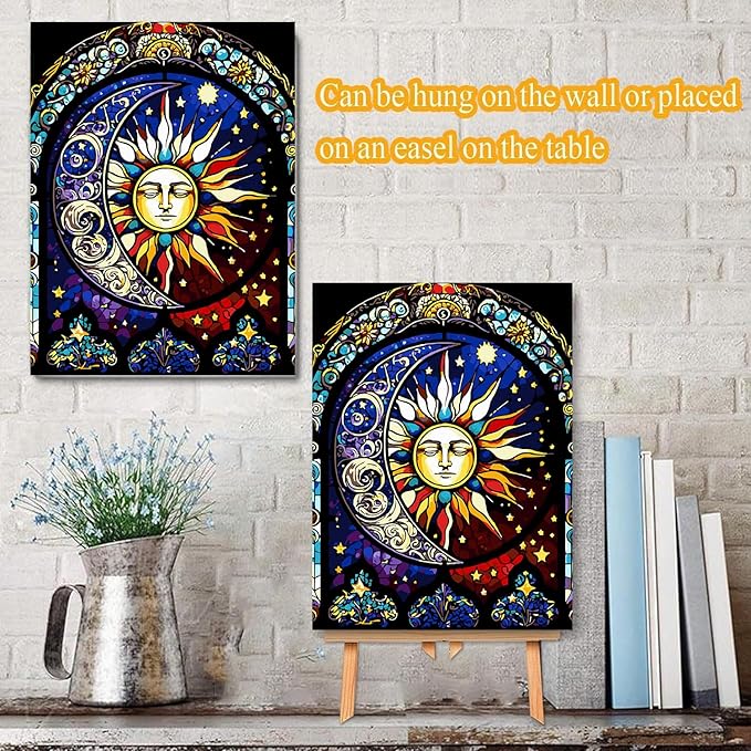 Meothan Paint by Numbers Kit for Adults,Stained Glass Paint by Numbers Kit for Beginner Sun Moon Paint by Numbers Kits for Home Table and Gift for Wall Decor 12x16 inch Framed and Easel