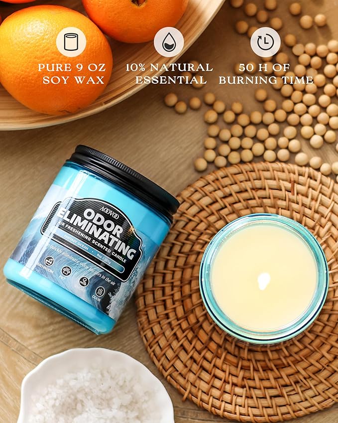 AOOVOO 4 Pack Fantasy Ocean Odor Eliminating Highly Fragranced Candle - Eliminates 95% of Pet, Smoke, Food, and Other Smells Quickly, Non Toxic Air Freshing Soy Candle