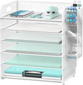 SUPEASY 6 Tier Paper Organizer with 4 Pen Holders, Mesh Letter Tray with Handle, Paper Tray Organizer for A4 Files, White