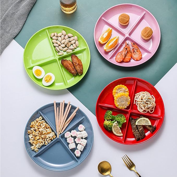 Grey Divided Plates Home Portion Control Plate Food Grade Snacks Divided Dinner Plate 4 Sections Fruit Plate for Women BPA Free - 1 Pack