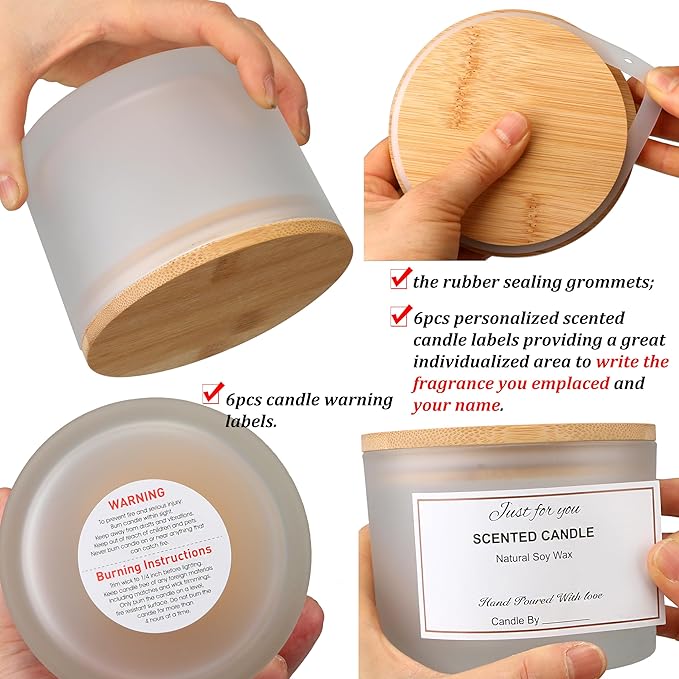 MILIVIXAY 6 Pack 16 oz Candle Jars with Bamboo Lids and Candle Making Kits - 3 Wick Candle Jar,Bulk Empty Frosted White Thick Glass Jars for Making Large Candles- Spice, Powder Containers.