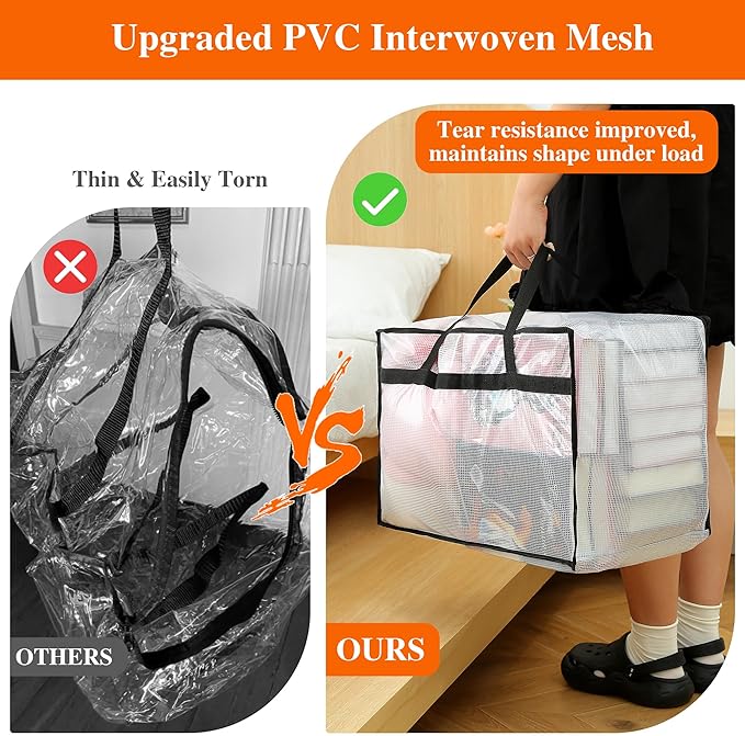 Vieshful 5 Pack 60L Clear Storage Bags with Zipper and Handles, Tear-Resistant Foldable Plastic Storage and Organizers for Clothes, Bedding, Duvets, Toys, for Closet & Moving