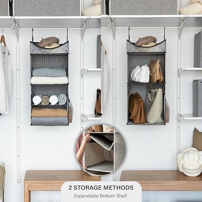StorageWorks Hanging Closet Organizer, 3-Shelf Hanging Closet Shelves with Top Shelf, 12 ¾" W x 12 ¾" D x 32" H, Extra-Large Space, Blue & Gray