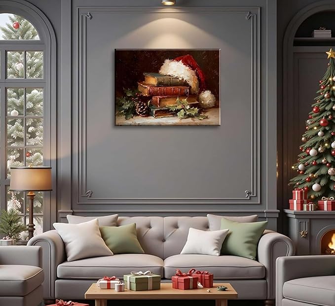 Paint by Number Kit for Adults & Kids, Christmas Vintage Books with Santa Hat 16x20 Inch, DIY Acrylic Painting Kit with Brushes & Paints, Holiday Art Decor for Home Framed