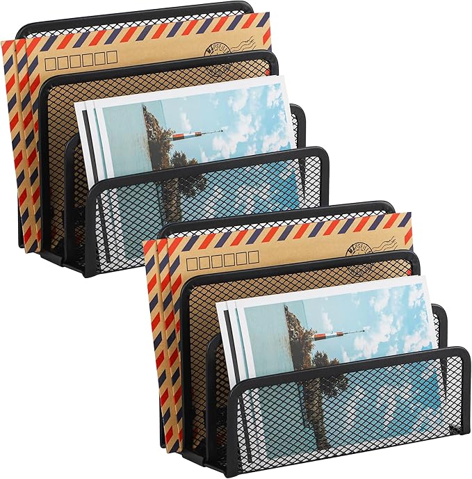 EASEPRES Desk Mail Organizer, Office Small Desktop Metal Mesh Envelope Letter Sorter Paper File Holder Organizer with 3 Vertical Upright Compartments, Black 2 Pack