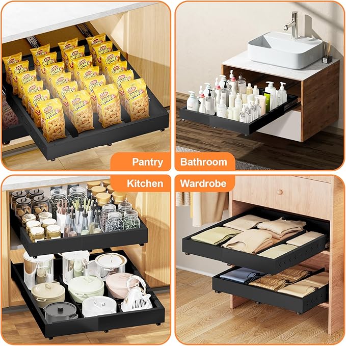 Pull out Cabinet Organizer Expandable W(12"-20") and D(16"-22"), No Drill Adjustable Slide Out Drawers With 3 Slide Rails, 2Pcs Magnetic Panel, Adhesive Roll out Shelves for Kitchen, Cabinets, Pantry