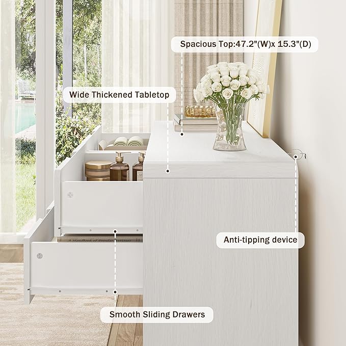 White Modern 6-Drawer Dresser & TV Stand, 47" Wide Storage Cabinet with Unique Wooden Handles, Mid-Century Style Chest of Drawers for Bedroom, Living Room, Hallway