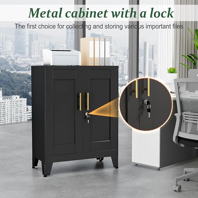 Black Metal Storage Cabinet, 36" Tall Locking Storage Cabinet with 2 Adjustable Shelves, Steel Locker Organizer, for Office, Home, School, 2PS