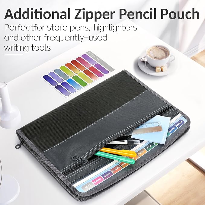 Sooez Accordion File Organizer with Safe Zipper, 8 Pocket Expanding File Folder with Front Pencil Pouch, Portable Monthly Paper Bill Tax Receipt Organizer, School Office Supplies, Letter Size, Purple