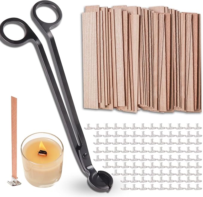 200Pcs Wood Wick for Candle Making, 5.1 x 0.5 Inch Natural Wood Wicks, Trimmer and Wooden Candle Wicks with Metal Base for Candle Business (100 Set)