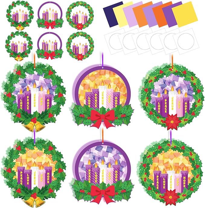 Glicholi 42 Packs Christmas Advent Wreath Suncatchers Crafts, Make Your Own Advent Candle DIY Tissue Art Craft Gift with Joy Christ Peace Hope Love for Xmas Home Church Game Activities