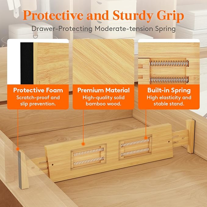 Lifewit 4" High 4 Pack Bamboo Drawer Dividers 43-54cm/17-21.5" Adjustable Wooden Drawer Organizer for Clothes/Utensils, Expandable Drawer Separator for Dresser/Kitchen/Bedroom/Office Organization