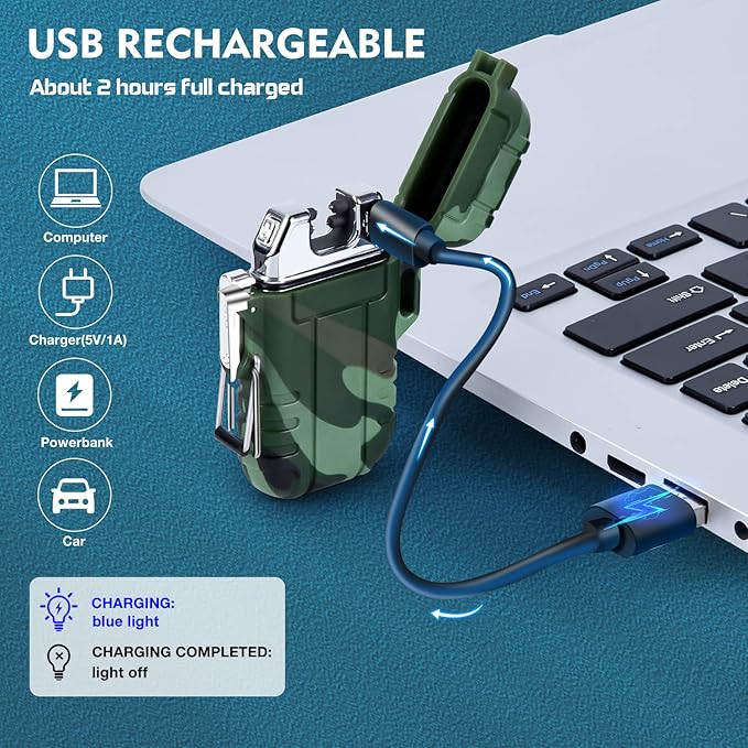LcFun Electric Dual Arc Lighter USB Rechargeable Outdoor Windproof Flameless Plasma Lighters for Camping, Hiking, Waterproof Matches Survival Tactical Gear Birthday Gifts for Men