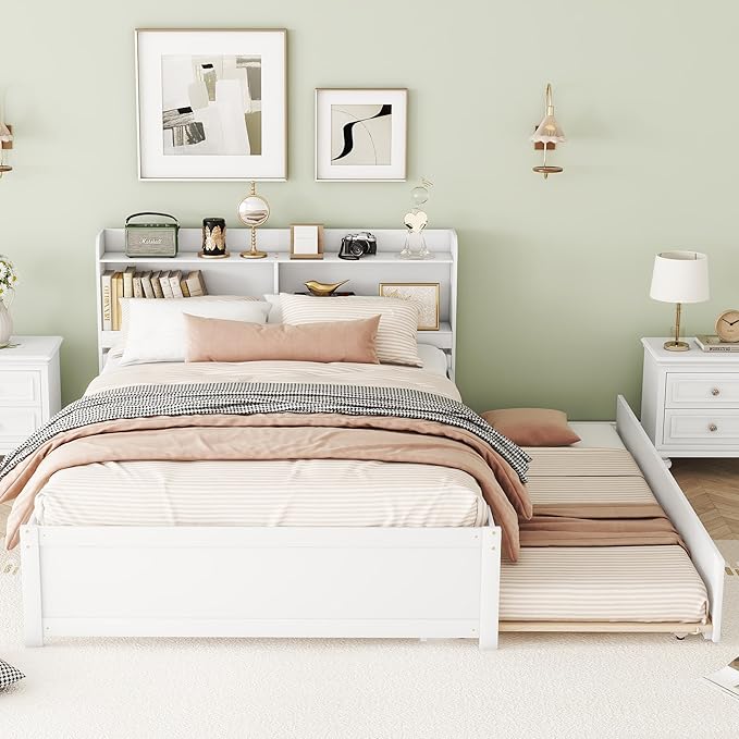 Harper & Bright Designs Full Size Captain Bed with Trundle and Bookcase Headboard, Wooden Full Platform Bed Frame with Storage Bookself, Trundle Bed Under for Kids Girls Boys, White