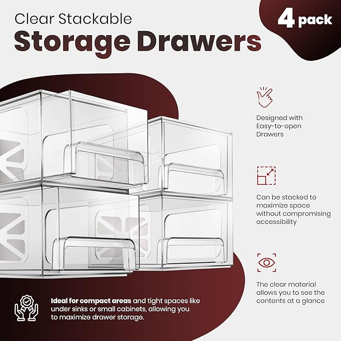 Oizeir Clear Stackable Storage Drawers - 4-Pack Acrylic Makeup Organizer Bins for Vanity, Bathroom, Countertop, Cabinet, or Kitchen - Perfect for Cosmetics, Office, and Small Item Organization