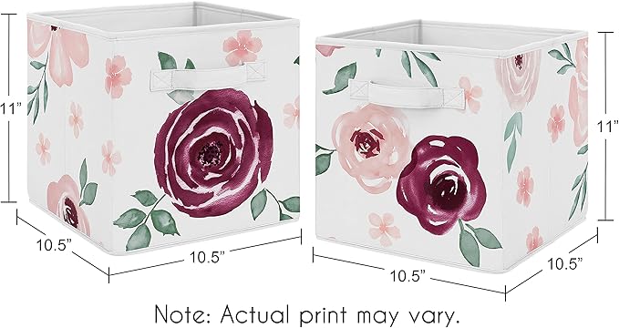 Sweet Jojo Designs Burgundy Watercolor Floral Foldable Fabric Storage Cube Bins Boxes Organizer Toys Kids Baby Childrens - Set of 2 - Blush Pink Maroon Wine Rose Green Shabby Chic Flower Farmhouse