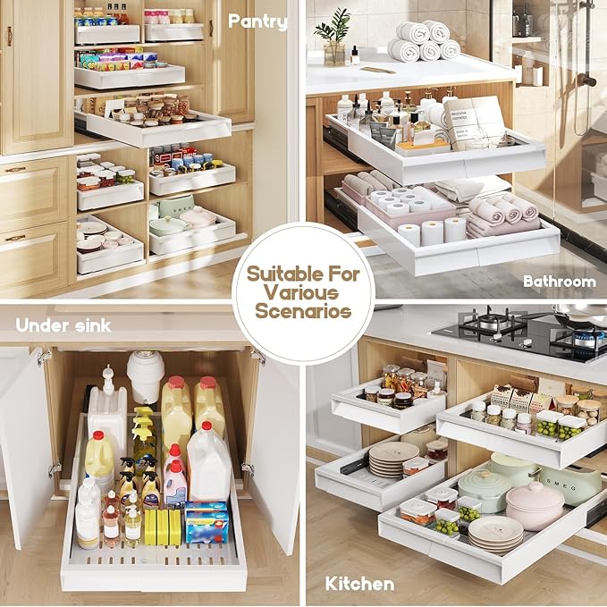2 Pack Pull Out Cabinet Organizer With Raising Pad for Framed Cabinets,Expandable Width (11"-16") and Depth (17"-24"),3 Slide Rails Slide Out Drawers with Handle,No-Drill Roll Out Shelf,White