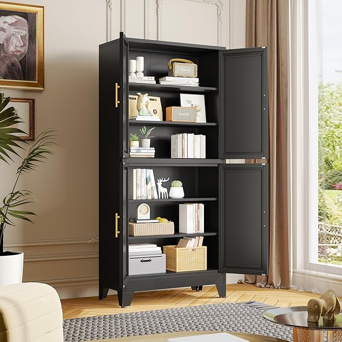 75" H Tall Kitchen Pantry Cabinet, Pantry Storage with Doors and 3 Adjustable Shelves, Metal Storage, Cupboard for Kitchen, Black
