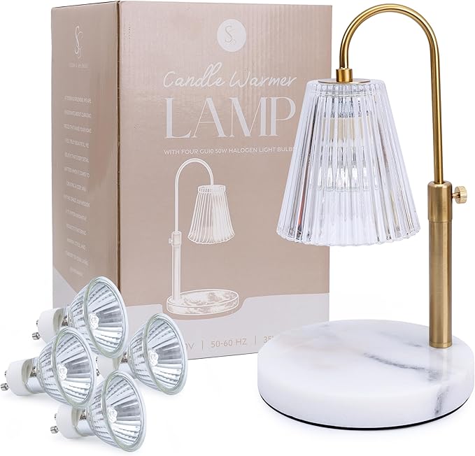 Flameless Candle Warmer Lamp for Jar Candles Large & Small – Dimmable Lamp Candle Warmer Electric with Large Marble Base & Adjustable Height – Candle Melter with Timer and 4 Halogen Light Bulbs