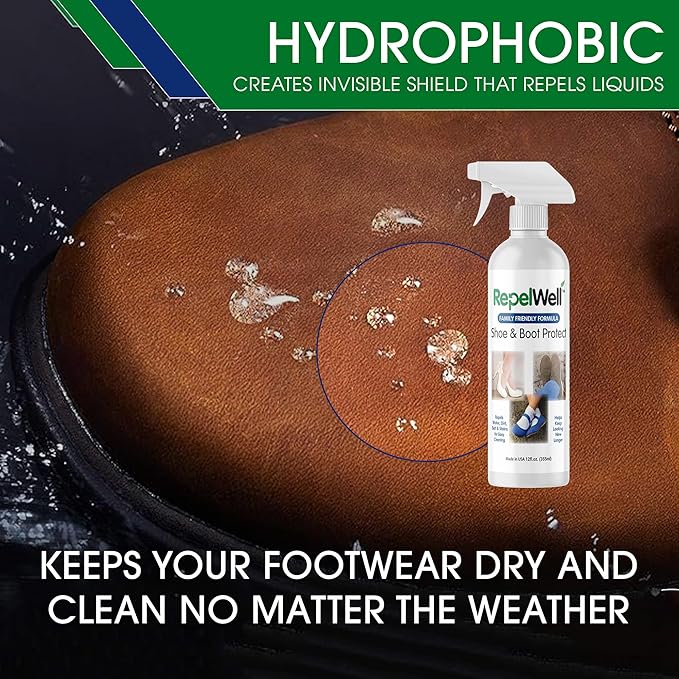 RepelWell Shoe & Boot Stain & Water Repellent (12oz) Eco-Friendly, Pet-Safe Spray Keeps Fabric, Leather & Suede Clean & Dry