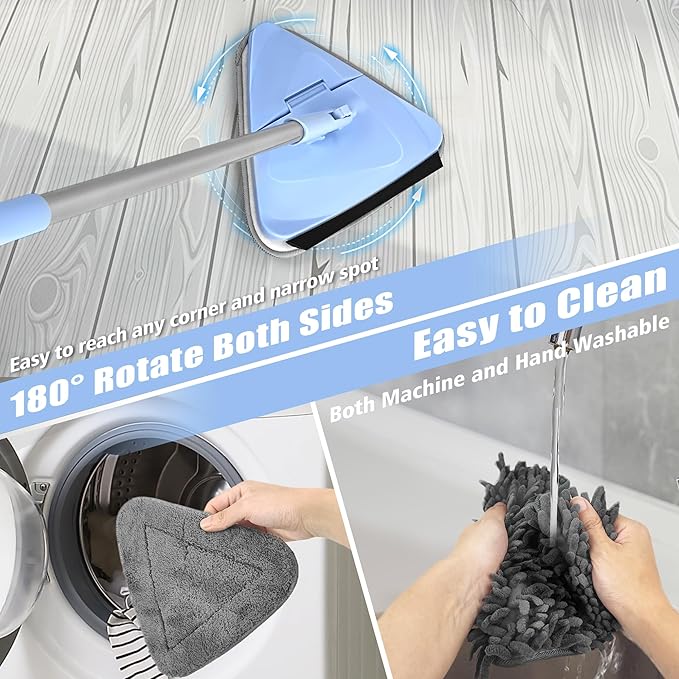 NEWE Wall Washer Mop with 80 Inch Long Handle, Wall and Ceiling Cleaner, 180° Folding Wall Scrubber with Long Handle, Triangle Baseboard Scrubber, 4 Chenille Duster & 2 Microfiber Pads