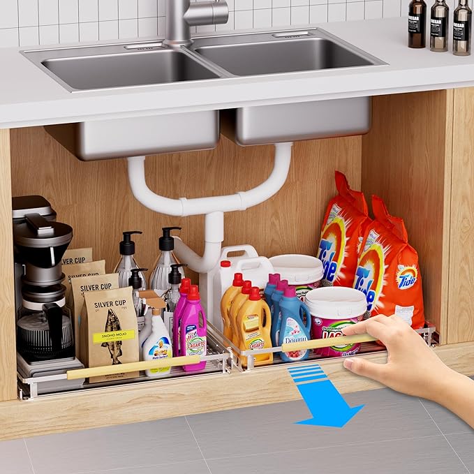 Expandable Pull Out Drawer Cabinet Organizer, Adjustable Width Bottom-Mounted Slide Out Storage Shelves for Cabinets, Required Cabinet Size (14.86"~25.86", D≥22.5"), 2 Pack