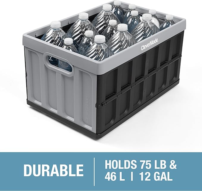 CleverMade Collapsible Storage Bins with Lids (46L, 3 Pack) – Stackable Foldable Plastic Storage Crates for Home, Closet & Trunk Organization - Stone