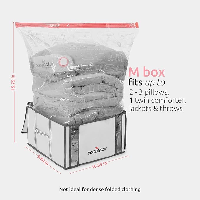 Compactor Vacuum Storage Bag with Semi-Rigid Structured Box, Polypropylene & Nylon Vacuum Storage Bags, Vacuum Seal Bags for Clothing and Bedding, Closet Organizer (White, Medium)