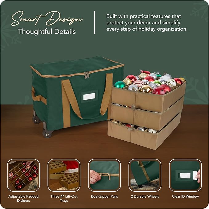 Covermates Keepsakes Rolling Adjustable Ornament Storage Bag – Heavy-Duty Polyester, FlexGrid Trays & Padded Dividers – Protective Holiday Organizer with Wheels, Handles & ID Window, Green
