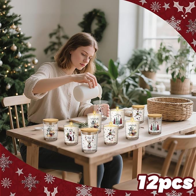 Ziliny 12 Pack 7 oz Christmas Glass Candle Jar with Wood Lids Xmas Classical Thick Empty Jars for Making Candles Small Holiday Container Bulk for Gifts Making DIY Party Supplies Accessories