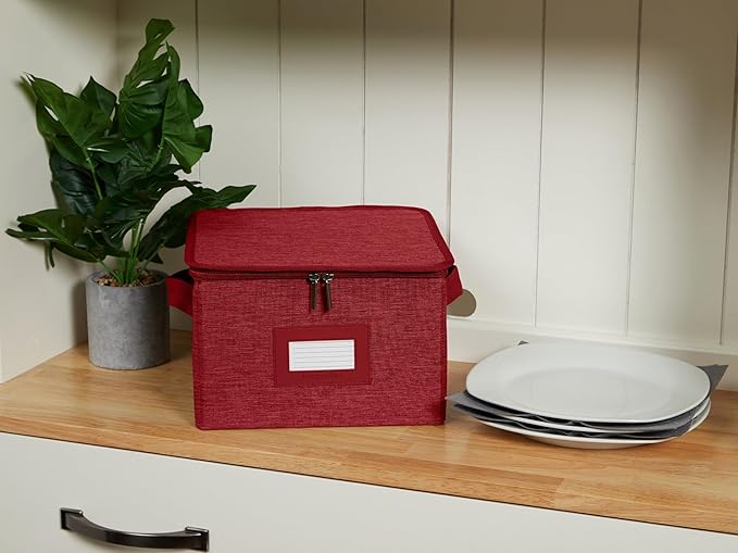 Covermates Dish Storage Box – China & Dinner Plate Storage Container with Dual Zippers, Reinforced Handles, ID Window & Stackable Structured Walls for Dishware Organization, Red Heather