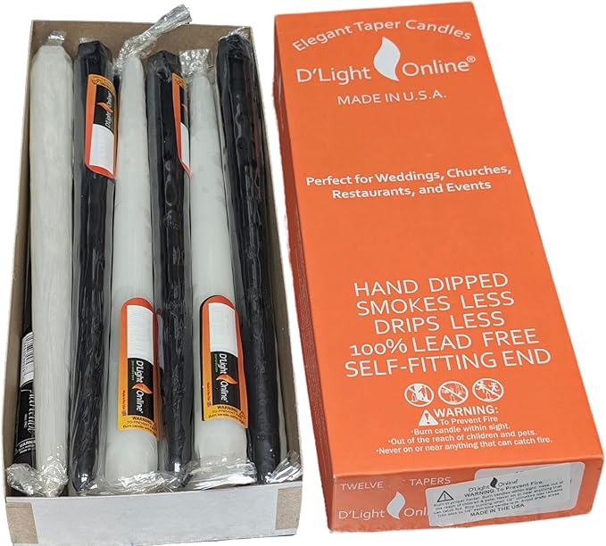 D'light Online Elegant 10" Black Tie Taper Candles Premium Quality- Unscented, Hand-Dipped Tapered Candles, Dripless and Smokeless - Set of 12 (10 Inch, Black Tie)