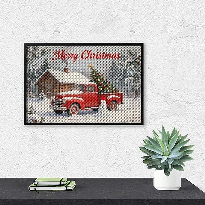 AIVKIEJK Diamond Painting Kits for Adults - Christmas Red Truck with Snowman, Snowy Cabin & Tree Painting DIY 5D Full Drill Diamond Dots Paintings with Diamonds Gem Art and Crafts Home Decor 8"x12"
