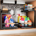 Under Sink Organizer, 2 Pack 2 Tier Under Sink Organizers and Storage, Slide Out Pull Out Cabinet Organizer Shelf, Height Adjustable Metal Drawer for Kitchen Bathroom Closet Organization Rack Black